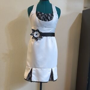 Rockabilly Pin-up Wedding Dress, White Satin, Black Lace Kick Pleats And Bosom